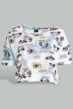 تنزيل الصورة على معرض الصور، Redtag-Assorted-Allover-Mickey-Print-Cropped-T-Shirt-Active-Tees-Women's-