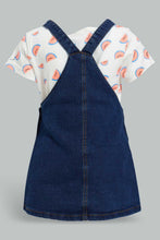 تنزيل الصورة على معرض الصور، Redtag-White-Aop-Top-With-Denim-Dungree-Sets-Infant-Girls-3 to 24 Months