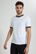 تنزيل الصورة على معرض الصور، Redtag-White-T-Shirt-With-Contrast-Neck-Rib-All-Over-Prints-Men's-