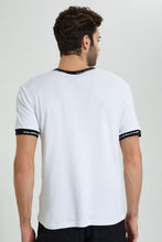 تنزيل الصورة على معرض الصور، Redtag-White-T-Shirt-With-Contrast-Neck-Rib-All-Over-Prints-Men's-