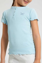 تنزيل الصورة على معرض الصور، Redtag-Sky-Blue-Short-Sleeve-T-Shirt-With-Half-Placket-Blouses-Girls-2 to 8 Years