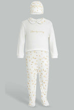 تنزيل الصورة على معرض الصور، Redtag-Beige-And-White-Foil-Print-Sleep-Suit-With-Hat-Sleepsuits-Baby-0 to 12 Months