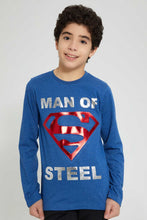 تنزيل الصورة على معرض الصور، Redtag-Blue-Melange-Superman-Embroideredoss-T-Shirt-Graphic-Prints-Senior-Boys-9 to 14 Years