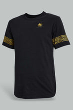تنزيل الصورة على معرض الصور، Redtag-Black-Sleeve-Stripe-Print-T-Shirt-All-Over-Prints-Men's-