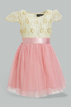 Load image into Gallery viewer, Redtag-Ivory-Lace-Yoke-Belted-With-Coral-Mesh-Dress-Dresses-Infant-Girls-3 to 24 Months