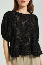 تنزيل الصورة على معرض الصور، Redtag-Black-Baloon-Sleeve-Jacquard-Peplum-Blouse-Blouses-Women's-