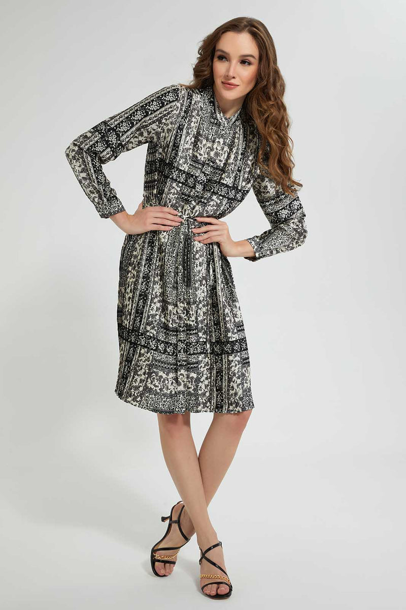 White And Black Pleated Satin Dress