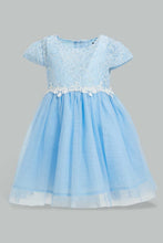 Load image into Gallery viewer, Redtag-Blue-Lace-Yoke-Mesh-Dress-Dresses-Infant-Girls-3 to 24 Months