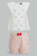 Load image into Gallery viewer, Redtag-White-Cut-And-Sew-Embroidered-Blouse-With-Coral-Short-Sets-Infant-Girls-3 to 24 Months