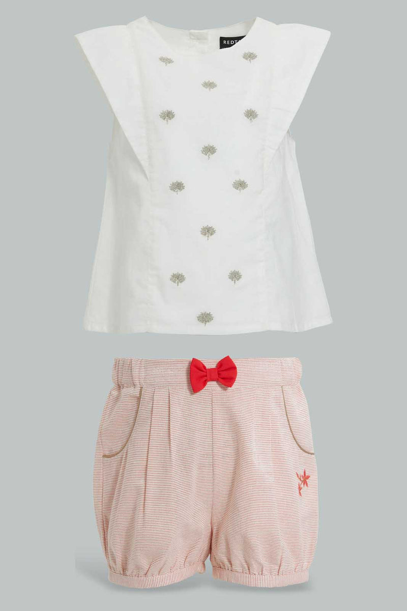 Redtag-White-Cut-And-Sew-Embroidered-Blouse-With-Coral-Short-Sets-Infant-Girls-3 to 24 Months