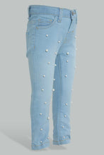Load image into Gallery viewer, Redtag-Blue-All-Over-Pearls-Jean-Jeans-Slim-Fit-Infant-Girls-3 to 24 Months