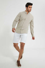 تنزيل الصورة على معرض الصور، Redtag-Beige-Mandrain-Collar-Linen-Shirt-Casual-Shirts-Men's-