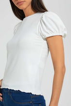 Load image into Gallery viewer, Redtag-White-Puff-Sleeve-Rib-Top-Tops-Women's-