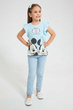 تنزيل الصورة على معرض الصور، Redtag-Lt.-Blue-Ruffled-Slv-Casual-T-Shirt-With-Minnie-&-Micky-Placement-Print-Blouses-Girls-2 to 8 Years