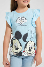 تنزيل الصورة على معرض الصور، Redtag-Lt.-Blue-Ruffled-Slv-Casual-T-Shirt-With-Minnie-&-Micky-Placement-Print-Blouses-Girls-2 to 8 Years