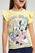 تنزيل الصورة على معرض الصور، Redtag-Lt.-Yellow-Ruffled-S/Slv-Casual-T-Shirt-With-Micky-Placement-Print-Blouses-Girls-2 to 8 Years