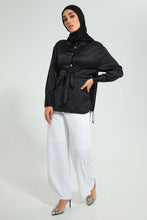 Load image into Gallery viewer, Redtag-Black-Satin-Belted-Shirt-Blouses-Women's-