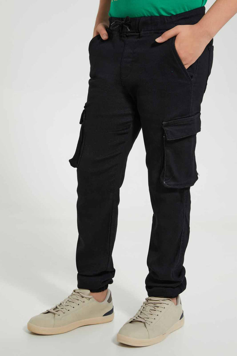 Redtag-Black-Cargo-Knit-Denim-Knit-Denim-Senior-Boys-9 to 14 Years