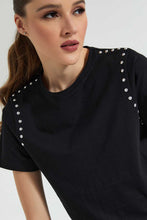 Load image into Gallery viewer, Redtag-Black-T-Shirt-With-Studs-Embellished-Women's-