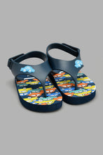 Load image into Gallery viewer, Redtag-Navy-Cars-Print-Toe-Post-With-Backstrap-Toe-Posts-Boys-3 to 5 Years