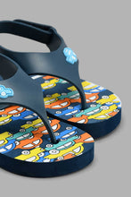 Load image into Gallery viewer, Redtag-Navy-Cars-Print-Toe-Post-With-Backstrap-Toe-Posts-Boys-3 to 5 Years