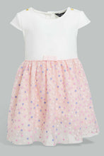 تنزيل الصورة على معرض الصور، Redtag-White-And-Pink-Flock-Printed-Mesh-Dress-Dresses-Infant-Girls-3 to 24 Months