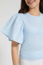 Load image into Gallery viewer, Redtag-Lt-Blue-Ruffled-Sleeve-Crop-Top-Plain-Senior-Girls-9 to 14 Years