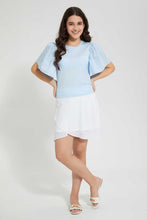 Load image into Gallery viewer, Redtag-Lt-Blue-Ruffled-Sleeve-Crop-Top-Plain-Senior-Girls-9 to 14 Years