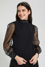 تنزيل الصورة على معرض الصور، Redtag-Black-High-Neck-Organza-Sleeve-Top-Plain-Senior-Girls-9 to 14 Years