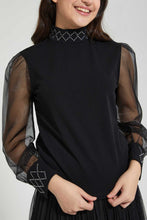 تنزيل الصورة على معرض الصور، Redtag-Black-High-Neck-Organza-Sleeve-Top-Plain-Senior-Girls-9 to 14 Years