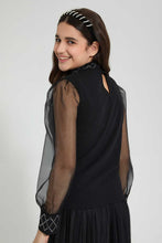 تنزيل الصورة على معرض الصور، Redtag-Black-High-Neck-Organza-Sleeve-Top-Plain-Senior-Girls-9 to 14 Years
