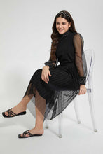 تنزيل الصورة على معرض الصور، Redtag-Black-High-Neck-Organza-Sleeve-Top-Plain-Senior-Girls-9 to 14 Years