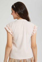تنزيل الصورة على معرض الصور، Redtag-Peach-Sequins-Ruffled-Sleeve-Top-Embellished-Senior-Girls-9 to 14 Years