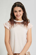 تنزيل الصورة على معرض الصور، Redtag-Peach-Sequins-Ruffled-Sleeve-Top-Embellished-Senior-Girls-9 to 14 Years