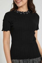 Load image into Gallery viewer, Redtag-Black-Highneck-Jacquard-Top-With-Pearls-Blouses-Senior-Girls-9 to 14 Years