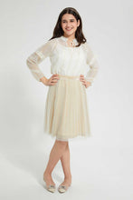 Load image into Gallery viewer, Redtag-White/Gold-Lurex-Pussy-Bow-Top-Blouses-Senior-Girls-9 to 14 Years