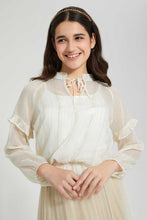 Load image into Gallery viewer, Redtag-White/Gold-Lurex-Pussy-Bow-Top-Blouses-Senior-Girls-9 to 14 Years