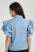 Load image into Gallery viewer, Redtag-Denim-Blue-Puff-Sleeve-Blouse-Blouses-Senior-Girls-9 to 14 Years
