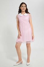 تنزيل الصورة على معرض الصور، Redtag-Pink/Silver-Foil-Floral-Peter-Pan-Collar-Mesh-Dress-Dresses-Senior-Girls-9 to 14 Years