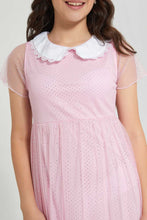 تنزيل الصورة على معرض الصور، Redtag-Pink/Silver-Foil-Floral-Peter-Pan-Collar-Mesh-Dress-Dresses-Senior-Girls-9 to 14 Years