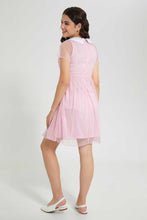 تنزيل الصورة على معرض الصور، Redtag-Pink/Silver-Foil-Floral-Peter-Pan-Collar-Mesh-Dress-Dresses-Senior-Girls-9 to 14 Years
