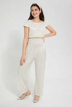 Load image into Gallery viewer, Redtag-White/Gold-Jumpsuit-With-Belt-Dresses-Senior-Girls-9 to 14 Years