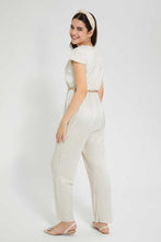 Load image into Gallery viewer, Redtag-White/Gold-Jumpsuit-With-Belt-Dresses-Senior-Girls-9 to 14 Years