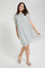 Load image into Gallery viewer, Redtag-Silver-Mettalic-Cold-Shoulder-Dress-Dresses-Senior-Girls-9 to 14 Years