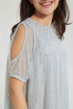 Load image into Gallery viewer, Redtag-Silver-Mettalic-Cold-Shoulder-Dress-Dresses-Senior-Girls-9 to 14 Years