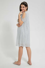 Load image into Gallery viewer, Redtag-Silver-Mettalic-Cold-Shoulder-Dress-Dresses-Senior-Girls-9 to 14 Years