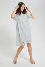 Load image into Gallery viewer, Redtag-Silver-Mettalic-Cold-Shoulder-Dress-Dresses-Senior-Girls-9 to 14 Years