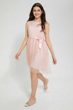 Load image into Gallery viewer, Redtag-Peach/Gold-Foil-Pleated-Dress-Dresses-Senior-Girls-9 to 14 Years