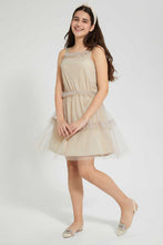 Load image into Gallery viewer, Redtag-Beige/Gold-Mesh-Dress-Dresses-Senior-Girls-9 to 14 Years