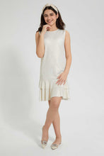 Load image into Gallery viewer, Redtag-White/Gold-Foil-Ruffled-Hem-Dress-Dresses-Senior-Girls-9 to 14 Years